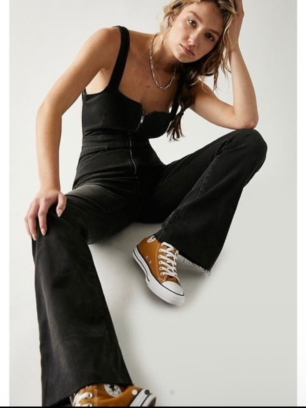 Free People One Piece Denim Flare Jumpsuit Size 2